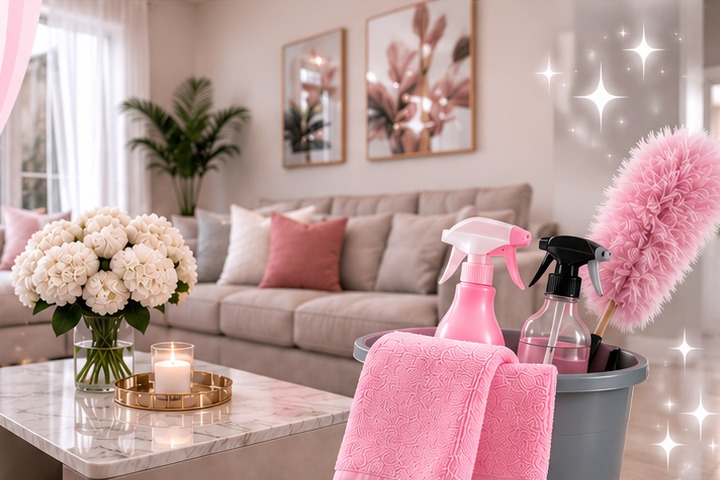 Beautiful clean living room and pink cleaning supplies